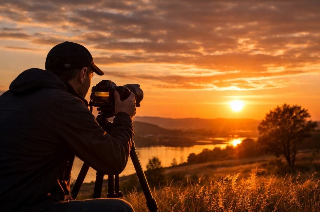 Altın saatte gün batımında tripod ile fotoğraf çeken fotoğrafçı