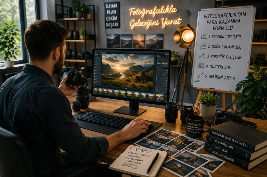 Fotoğraf düzenleme yapan fotoğrafçı ve profesyonel çalışma ortamı